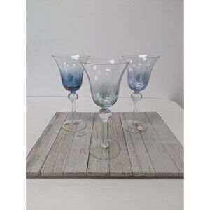 Set of 3 Crystal Romania Clear Glass Goblet Blue Green 9" Wine Water